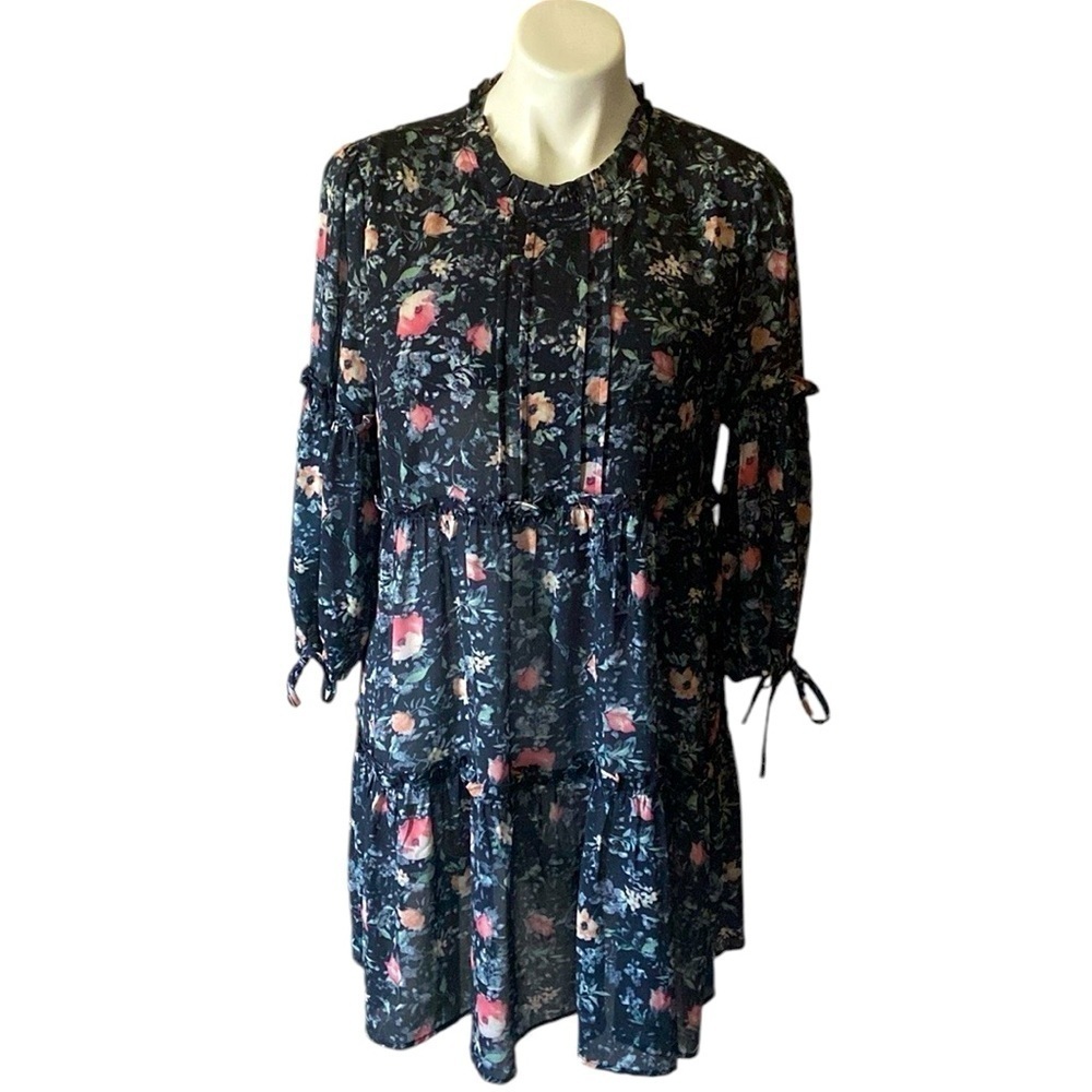 Fab’rik Navy Blue Boho Floral Fit And Flare Dress With Peasant Sleeves Large